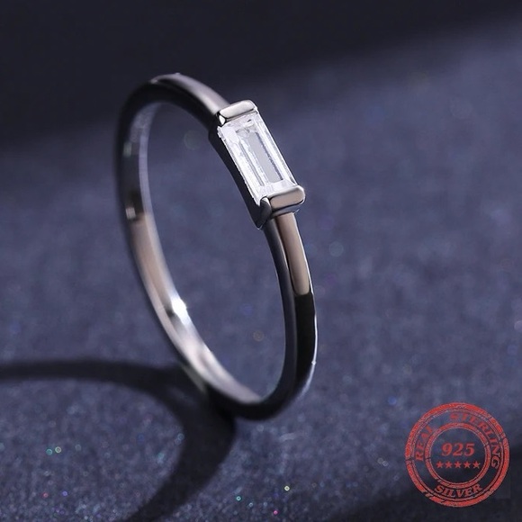 Minimalist Emerald Cut Gem Rectangle Sterling Silver Stacking Ring - Picture 10 of 15